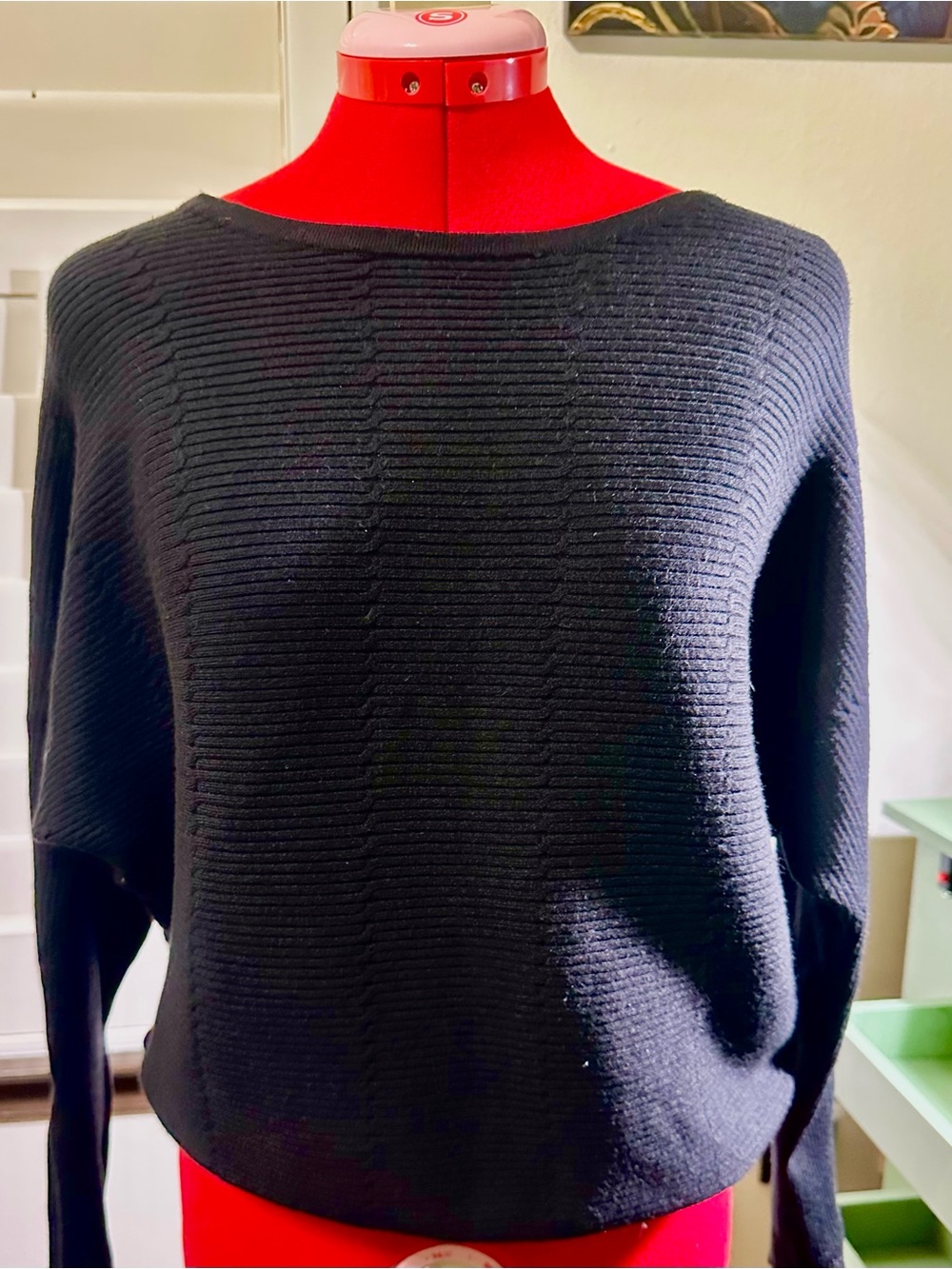 Tahari Black Ribbed Scoopneck Pullover
